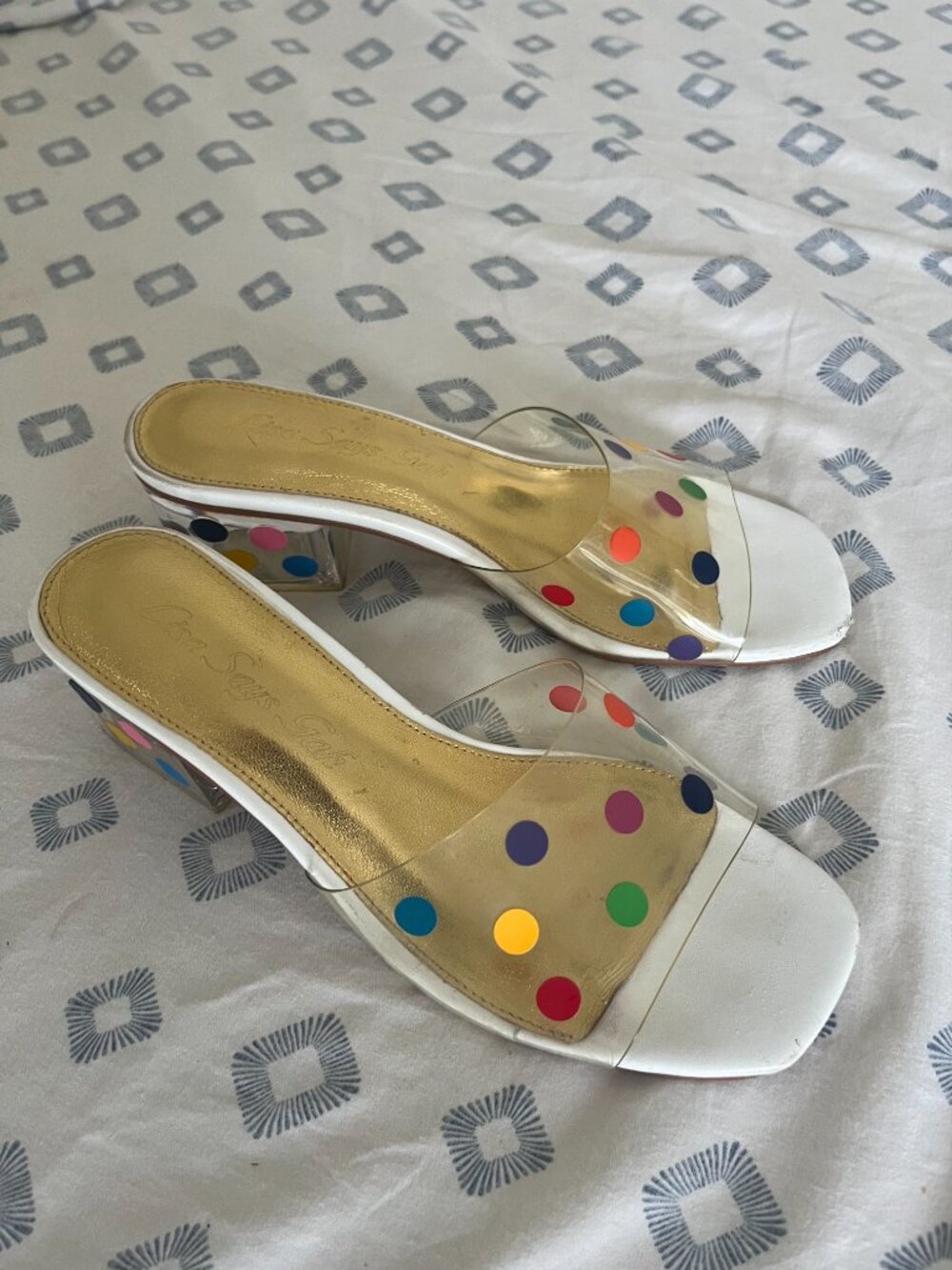 Lisa Says Gah Clear Slide Heels with Multicolor Dots - Picture 3 of 4